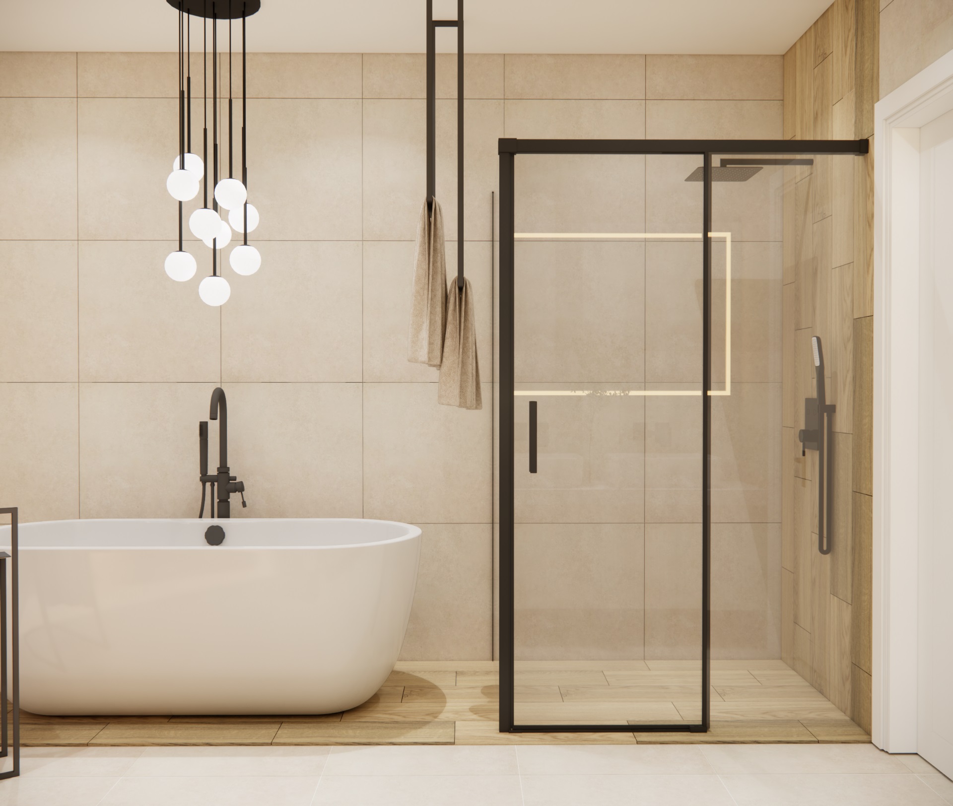  Nowoczesna łazienka z wolnostojącą wanną i przeszklonym prysznicem, projekt Fabryki Projektów